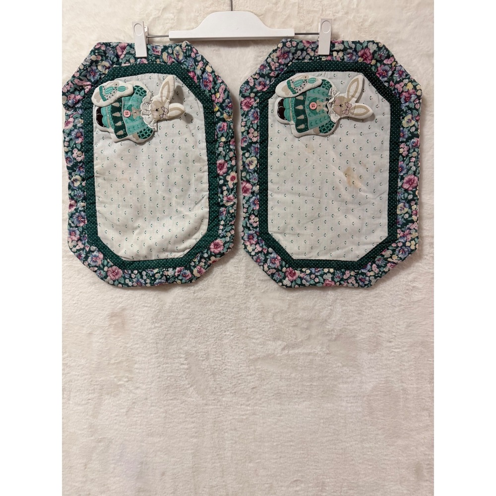 Vintage Quilted Bunny Rabbit Placemats and Floral Napkin Set Cottagecore 3pc